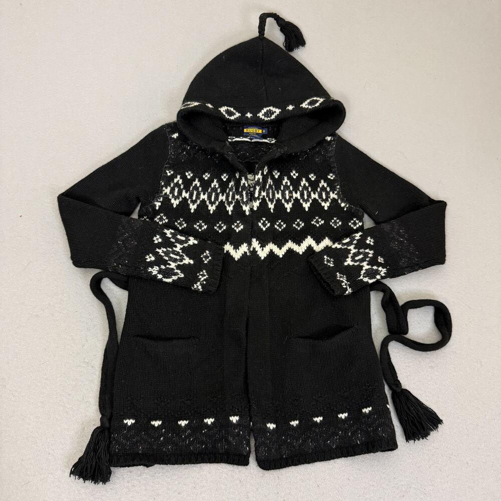 Ralph Lauren Rugby Wool Angora Hooded Cardigan Sweater Black Fair Isle S